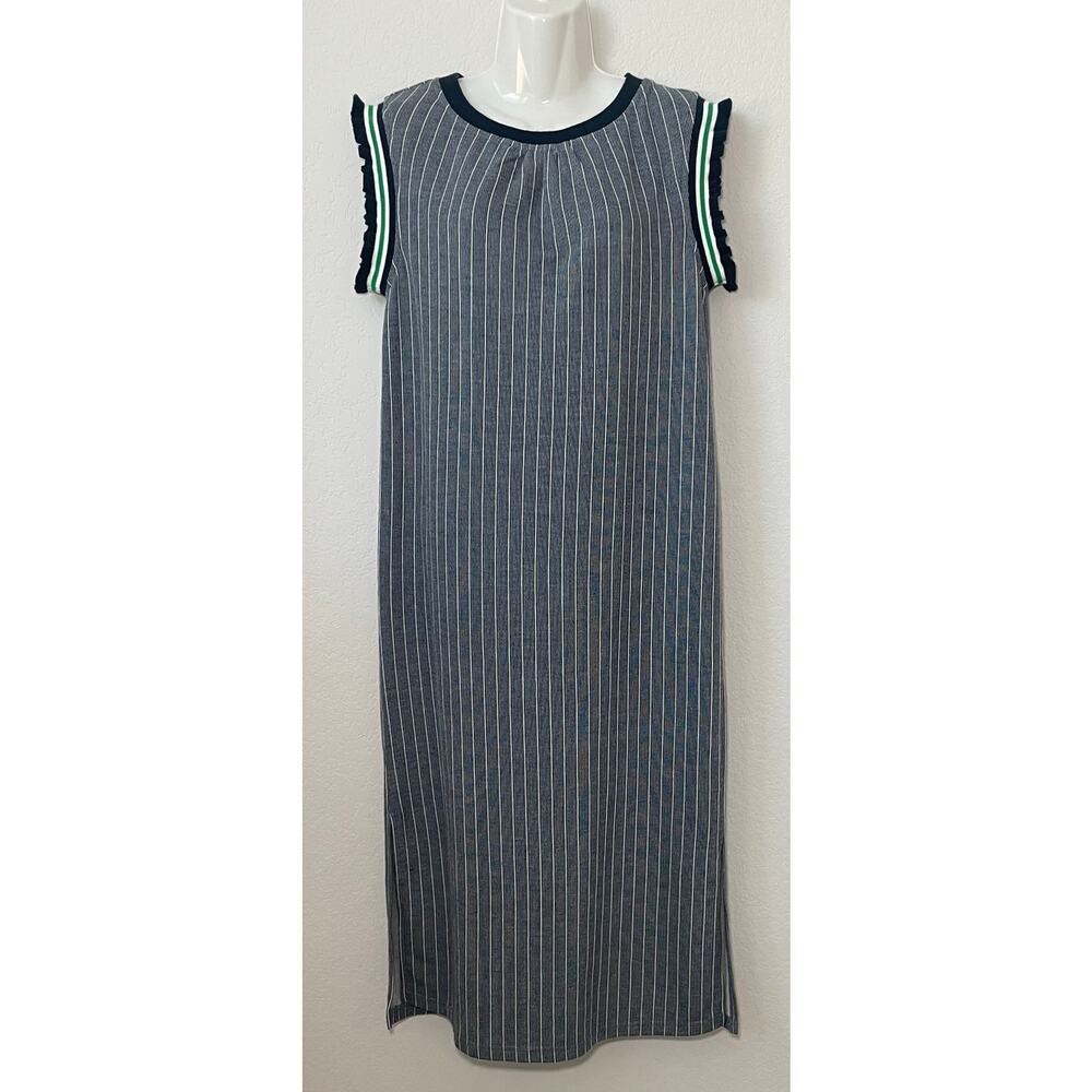 Boutique Navy Striped Knit Midi Dress With Detailed Ruffled Band - Size Small